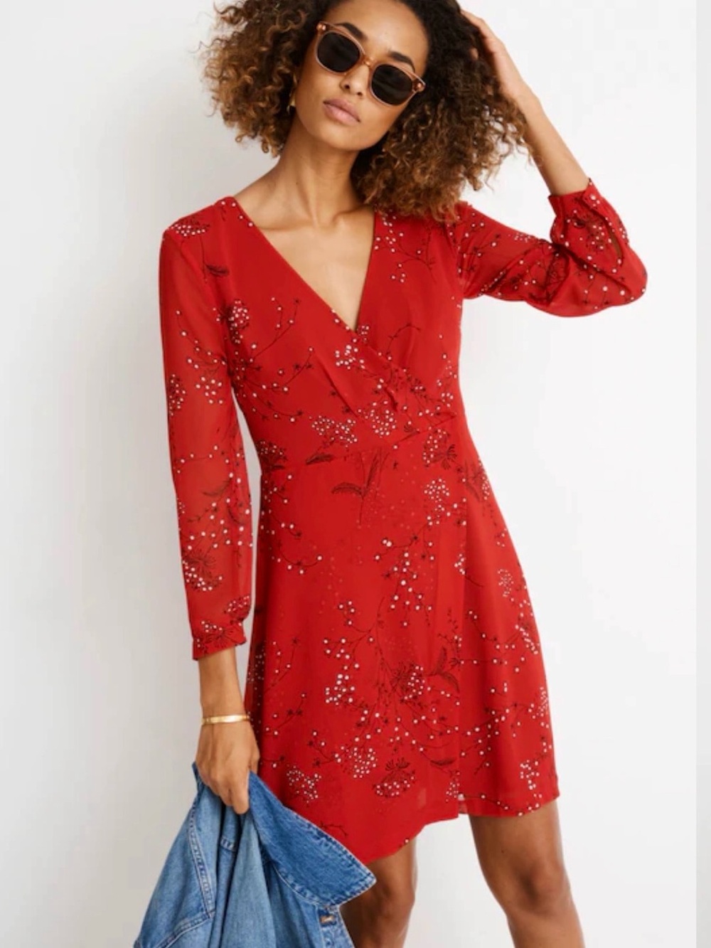 Madewell Red Floral Long-Sleeve Wrap Dress